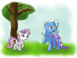 Size: 800x600 | Tagged: safe, artist:acesential, character:sweetie belle, character:trixie, species:pony, species:unicorn, g4, duo, duo female, female, filly, mare, tree