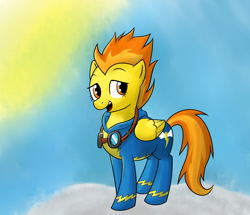 Size: 1500x1289 | Tagged: safe, artist:acesential, character:spitfire, species:pegasus, species:pony, g4, cloud, female, goggles, hooves, mare, on a cloud, open mouth, sky, solo, standing on a cloud, teeth, wings, wonderbolts, wonderbolts uniform