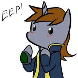 Size: 800x800 | Tagged: safe, artist:acesential, oc, oc only, oc:littlepip, species:pony, species:unicorn, fallout equestria, g4, blushing, chibi, clothing, cute, eep, fanfic, fanfic art, female, horn, mare, pipbuck, shocked, simple background, solo, vault suit, white background