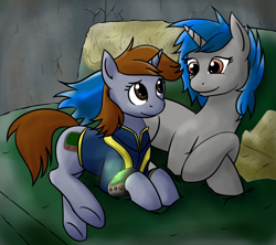 Size: 1024x909 | Tagged: safe, artist:acesential, oc, oc:homage, oc:littlepip, species:pony, species:unicorn, fallout equestria, g4, bed, clothing, crossover, cutie mark, fanfic, fanfic art, female, hooves, horn, lesbian, mare, oc x oc, pipbuck, prone, shipping, vault suit