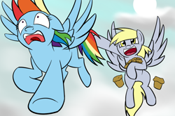 Size: 1024x683 | Tagged: safe, artist:acesential, character:derpy hooves, character:rainbow dash, species:pegasus, species:pony, g4, eat muffins every day, female, flying, mare, muffin
