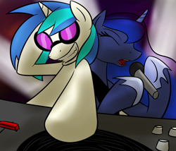 Size: 2100x1800 | Tagged: safe, artist:acesential, character:dj pon-3, character:princess luna, character:vinyl scratch, g4, duo, grin, microphone, singing, turntable