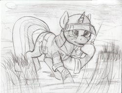 Size: 1000x768 | Tagged: safe, artist:acesential, character:twilight sparkle, species:pony, species:unicorn, g4, clothing, grayscale, monochrome, sketch, soldier, solo