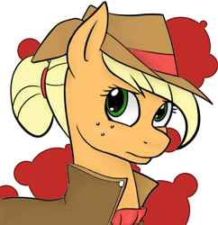 Size: 768x793 | Tagged: safe, artist:acesential, artist:moonlight-ki, character:applejack, species:earth pony, species:pony, g4, alternate hairstyle, clothing, hat, portrait, solo