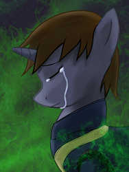 Size: 768x1024 | Tagged: safe, artist:acesential, oc, oc only, oc:littlepip, species:pony, species:unicorn, fallout equestria, g4, abstract background, clothing, crying, eyes closed, fanfic, fanfic art, female, horn, mare, solo, vault suit