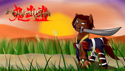 Size: 1280x731 | Tagged: safe, artist:acesential, species:earth pony, species:pony, g4, armor, gauntlet, katana, mouth hold, onimusha, ponified, samanosuke akechi, solo, sword, weapon