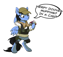 Size: 1200x1089 | Tagged: safe, artist:acesential, oc, oc only, oc:neo miles, species:pegasus, species:pony, g4, baseball cap, bipedal, bulletproof vest, can, clothing, confused, dayz, dialogue, hat, hero, herpy dooves, hoof hold, knee pads, leg strap, muffin, pouch, scarf, shirt, simple background, solo, speech bubble, transparent background
