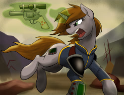 Size: 1200x916 | Tagged: safe, artist:acesential, oc, oc only, oc:littlepip, species:pony, species:unicorn, fallout equestria, g4, clothing, fallout, fanfic, fanfic art, female, glowing horn, gun, handgun, hooves, horn, levitation, little macintosh, magic, mare, open mouth, optical sight, pipbuck, revolver, solo, teeth, telekinesis, vault suit, wasteland, weapon