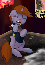 Size: 836x1200 | Tagged: safe, artist:acesential, oc, oc only, oc:littlepip, species:earth pony, species:pegasus, species:pony, species:unicorn, species:zebra, fallout equestria, g4, ash, bottle, clothing, crying, cutie mark, eyes closed, fanfic, fanfic art, female, floppy ears, forever, friendship city, grin, hooves, horn, mare, ministry mares, ministry of morale, ministry of peace, open mouth, pinkie pie is watching you, pipbuck, poster, propaganda, sitting, smiling, solo, teeth, vault suit