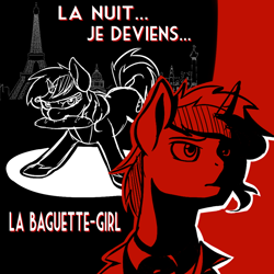 Size: 800x800 | Tagged: source needed, useless source url, safe, artist:acesential, oc, oc only, oc:spectrum lighting, species:pony, species:unicorn, fallout equestria, g4, baguette, clothing, eiffel tower, french, horn, paris, rule 63, solo, suit, superhero