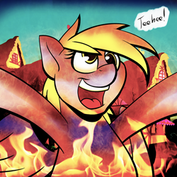 Size: 1000x1000 | Tagged: safe, artist:acesential, character:derpy hooves, species:pegasus, species:pony, g4, burning, dark comedy, female, fire, mare, ponyville, pure unfiltered evil, pyromaniac, solo