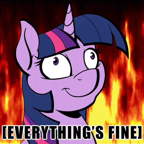 Size: 500x500 | Tagged: safe, artist:acesential, character:twilight sparkle, species:pony, g4, animated, bust, denial, female, fire, impact font, looking at you, mare, meme, reaction image, shit's on fire yo, smiling, solo, this is fine, vibrating