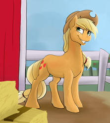 Size: 1000x1125 | Tagged: safe, artist:acesential, character:applejack, species:earth pony, species:pony, g4, clothing, cowboy hat, dreamworks face, fence, grin, hat, hay, solo, stetson, sweet apple acres