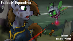 Size: 1920x1080 | Tagged: safe, artist:acesential, oc, oc only, oc:littlepip, oc:watcher, species:earth pony, species:pony, species:unicorn, fallout equestria, g4, axe, bruised, carousel boutique, clothing, energy weapon, fanfic, fanfic art, female, golden oaks library, horn, laser, laser rifle, magical energy weapon, male, mare, ponyville, raiders, ruins, sniper, spritebot, stallion, vault suit, wasteland, weapon