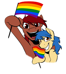 Size: 1000x1119 | Tagged: safe, artist:acesential, oc, oc only, oc:equalizer, oc:penn, species:pony, g4, flag, gay, gay pride flag, happy, hoof hold, male, oc x oc, pride, simple background, stallion, transparent background