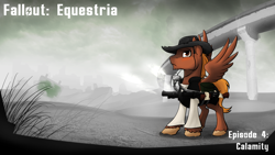 Size: 1920x1080 | Tagged: safe, artist:acesential, oc, oc only, oc:calamity, species:pegasus, species:pony, fallout equestria, g4, battle saddle, clothing, fanfic, fanfic art, gun, hat, male, rifle, solo, stallion, wasteland, weapon, wings
