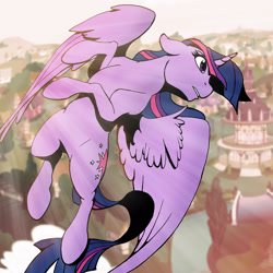Size: 1600x1600 | Tagged: safe, artist:acesential, character:twilight sparkle, character:twilight sparkle (alicorn), species:alicorn, species:pony, g4, female, flying, mare, ponyville, solo, wings