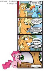 Size: 800x1304 | Tagged: safe, artist:acesential, character:applejack, character:pinkie pie, character:rainbow dash, species:earth pony, species:pegasus, species:pony, g4, apple, apple tree, applejack's hat, clothing, comic, cowboy hat, dialogue, eye contact, floppy ears, forced smile, fourth wall, grin, hat, looking at each other, open mouth, paranoia fuel, scared, sitting, speech bubble, spying, stalker, sweat, tree