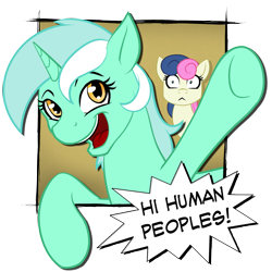 Size: 1200x1200 | Tagged: safe, artist:acesential, character:bon bon, character:lyra heartstrings, character:sweetie drops, g4, bon bon is not amused, breaking the fourth wall, fourth wall, waving