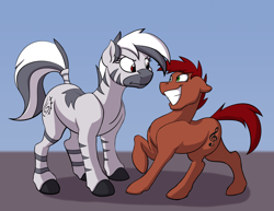 Size: 1200x927 | Tagged: safe, artist:acesential, oc, oc only, oc:muziki, oc:penny, species:earth pony, species:pony, species:zebra, g4, floppy ears, grin, looking at each other, raised hoof, smiling, species swap, this will end in pain