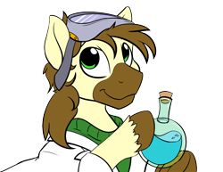 Size: 1200x927 | Tagged: safe, artist:acesential, oc, oc only, oc:calpain, g4, clothing, flask, goggles, lab coat, potion, science, sweater
