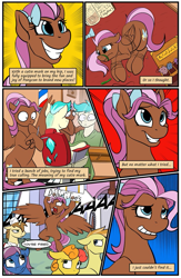 Size: 701x1078 | Tagged: safe, artist:acesential, character:donut joe, oc, oc:bowtie, oc:nightgleam, comic:new beginnings, g4, barbershop, comic, convention, ponycon, ponycon nyc
