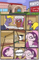 Size: 1397x2160 | Tagged: safe, artist:acesential, oc, oc only, oc:bowtie, oc:mirage, comic:new beginnings, g4, comic, convention, ponycon