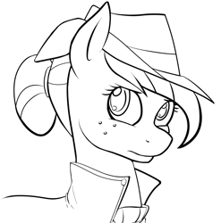 Size: 1200x1214 | Tagged: safe, artist:acesential, character:applejack, species:earth pony, species:pony, fallout equestria, g4, black and white, clothing, coat, fanfic, fanfic art, female, grayscale, hair bun, hat, mare, ministry mares, monochrome, simple background, solo, white background