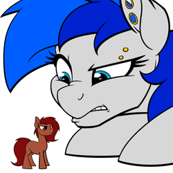 Size: 1280x1280 | Tagged: safe, artist:acesential, oc, oc only, oc:penny, oc:sapphire sights, species:pony, g4, angry, ear piercing, eyebrow piercing, female, giant pegasus, giant pony, macro, mare, micro, piercing, serious, serious face, silly, size difference