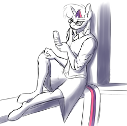Size: 792x783 | Tagged: safe, artist:acesential, character:twilight sparkle, species:anthro, g4, clothing, female, flip phone, glasses, partial color, skirt, solo, vest