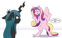 Size: 1280x788 | Tagged: safe, artist:acesential, character:princess cadance, character:queen chrysalis, species:alicorn, species:changeling, species:pony, g4, bipedal, bully, bullying, changeling queen, contact lens, context in description, crack, dialogue, duo, female, mare, onomatopoeia, shrug, speech bubble, vulgar