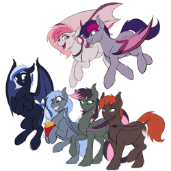 Size: 1600x1600 | Tagged: safe, artist:acesential, oc, oc:candy quartz, oc:herbal blend, oc:panne, oc:quill, oc:retro wave, oc:starlight twist, species:bat pony, species:pony, g4, bat pony oc, bipedal, female, flying, food, french fries, group, hoof hold, looking at each other, male, mare, simple background, stallion, white background