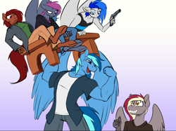 Size: 1920x1438 | Tagged: safe, artist:acesential, oc, oc only, oc:penny, oc:running riot, oc:sapphire sights, oc:umami stale, oc:velvet quill, species:anthro, species:earth pony, species:hippogriff, species:pegasus, species:pony, species:unguligrade anthro, g4, beauty and the beast, breasts, delicious flat chest, gun, lifting, reference, trigger discipline, weapon