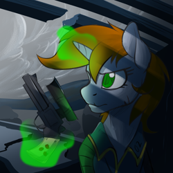 Size: 1800x1800 | Tagged: safe, artist:acesential, oc, oc only, oc:littlepip, species:pony, species:unicorn, fallout equestria, g4, angry, clothing, cloud, cloudy, fanfic, fanfic art, female, glowing horn, gun, handgun, hooves, horn, levitation, little macintosh, magic, magic glow, mare, optical sight, pipbuck, revolver, scope, solo, telekinesis, vault suit, weapon