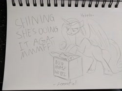 Size: 4048x3036 | Tagged: safe, artist:acesential, character:princess cadance, character:queen chrysalis, species:alicorn, species:changeling, species:pony, g4, abuse, box, bully, bullying, cardboard box, changeling queen, chrysabuse, dialogue, evil grin, evil laugh, female, grin, hoof shoes, mare, missing accessory, monochrome, open mouth, smiling, traditional art, yelling