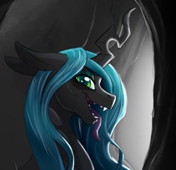 Size: 1280x1238 | Tagged: safe, artist:acesential, character:queen chrysalis, species:changeling, g4, bust, cave, changeling queen, fangs, female, lidded eyes, long tongue, looking at you, profile, quadrupedal, solo, tongue out