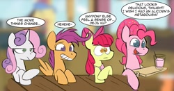 Size: 1177x619 | Tagged: safe, artist:acesential, character:apple bloom, character:pinkie pie, character:scootaloo, character:sweetie belle, species:earth pony, species:pegasus, species:pony, species:unicorn, episode:the last problem, g4, my little pony: friendship is magic, cutie mark crusaders, deja vu, implied eating, implied twilight sparkle, older, older apple bloom, older cmc, older pinkie pie, older scootaloo, older sweetie belle
