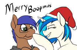 Size: 2000x1294 | Tagged: source needed, safe, artist:acesential, character:dj pon-3, character:vinyl scratch, oc, oc:odyssey flash, species:pegasus, species:pony, species:unicorn, g4, boop, canon x oc, christmas, clothing, cute, duo, eyes closed, grin, hat, holiday, hoodie, missing accessory, santa hat, simple background, smiling, transparent background