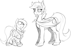 Size: 1107x736 | Tagged: safe, artist:acesential, part of a set, oc, oc only, oc:penny, oc:quill, species:bat pony, species:earth pony, species:pony, g4, armor, bat pony oc, comic, duo, female, lidded eyes, mare, monochrome, shackles, simple background, size difference, white background