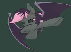 Size: 2810x2082 | Tagged: safe, artist:acesential, edit, oc, oc:quill, species:bat pony, species:pony, g4, bat pony oc, bat wings, color edit, colored, dab, eyes closed, female, green background, mare, simple background, solo, wings