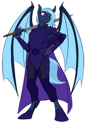 Size: 1792x2560 | Tagged: safe, artist:acesential, oc, oc only, oc:midnight harmony, species:anthro, species:bat pony, species:unguligrade anthro, g4, armor, bat pony oc, cape, clothing, fangs, female, helmet, simple background, solo, sword, transparent background, weapon
