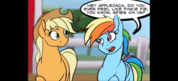 Size: 650x296 | Tagged: safe, artist:acesential, edit, character:applejack, character:pinkie pie, character:rainbow dash, species:earth pony, species:pegasus, species:pony, g4, aivo, animated, apple, apple tree, applejack's hat, avo, clothing, comic, comic dub, cowboy hat, dialogue, eye contact, fifteen.ai, floppy ears, food, forced smile, fourth wall, grin, hat, looking at each other, open mouth, paranoia fuel, scared, sitting, smiling, sound, sound only, speech bubble, spying, stalker, sweat, tree, webm