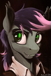 Size: 1280x1920 | Tagged: safe, artist:acesential, oc, oc only, oc:quill, species:bat pony, species:pony, g4, bat pony oc, bat wings, bust, clothing, fangs, female, fine art parody, mare, painting, portrait, shirt, solo, wings