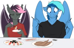 Size: 1462x945 | Tagged: safe, artist:acesential, oc, oc only, oc:nerita, oc:quill, oc:umami stale, species:anthro, species:bat pony, species:pegasus, species:pony, g4, chopsticks, duo, eating, food, ponies eating meat, ponies eating seafood, seafood, sushi