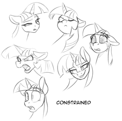 Size: 882x875 | Tagged: safe, artist:acesential, character:twilight sparkle, species:pony, species:unicorn, g4, angry, black and white, bust, constrained, crying, doodle, expressions, eyes closed, female, grayscale, lineart, mare, monochrome, simple background, smiling, smirk, solo, surprised, teary eyes, white background