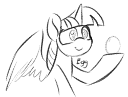 Size: 360x274 | Tagged: safe, artist:acesential, character:twilight sparkle, character:twilight sparkle (alicorn), species:alicorn, species:pony, g4, black and white, bust, doodle, egg, female, food, grayscale, mare, monochrome, simple background, smiling, solo, white background