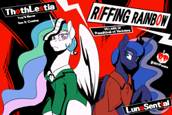 Size: 1600x1067 | Tagged: safe, artist:acesential, character:princess celestia, character:princess luna, oc, oc:acesential, oc:thoth penswell, species:alicorn, species:pony, fanfic:penultival of heckdang, g4, clothing, fanfic art, film reel, implied transformation, persona 5, polo shirt, riffing rainbow, riffponies, suit