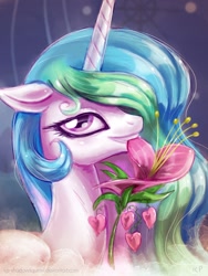 Size: 900x1200 | Tagged: safe, artist:kp-shadowsquirrel, character:princess celestia, species:alicorn, species:pony, female, floppy ears, flower, flower in mouth, grin, heart, heart's desire, looking at you, mare, mouth hold, smiling, solo