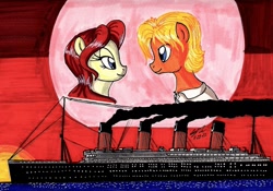 Size: 1280x894 | Tagged: safe, artist:newyorkx3, species:pony, g4, female, jack, looking at each other, male, mare, ponified, profile, rose dewitt bukater, ship, shipping, signature, stallion, titanic, traditional art