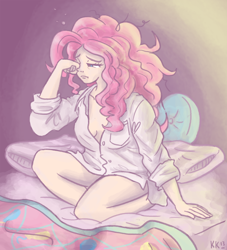 Size: 900x992 | Tagged: safe, artist:king-kakapo, character:pinkie pie, species:human, bed, bed hair, bottomless, clothing, cute, diapinkes, drawfag, female, humanized, shirt, sleepy, solo
